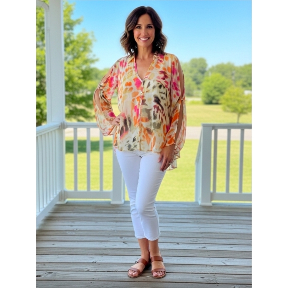 Jennifer Lopez Multicolor  Blouse,   cold-shoulder  Sleeves,  L, GUC ✔️